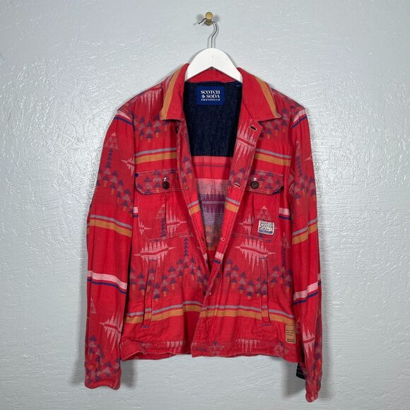 Scotch & Soda Men L Red Ikat Jacquard Overshirt Jacket Button Front Pockets